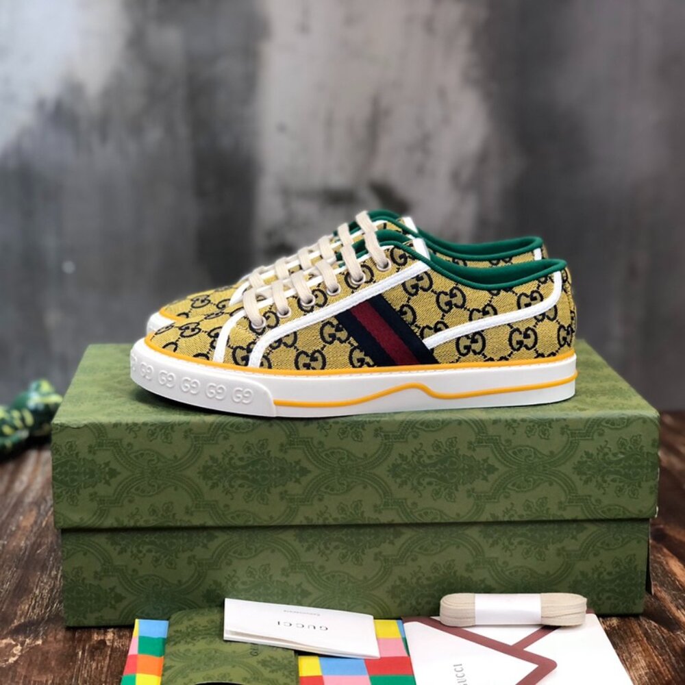 Gucci Yellow Monogram Low-Top Sneakers with Green Trim and Red-Blue Web